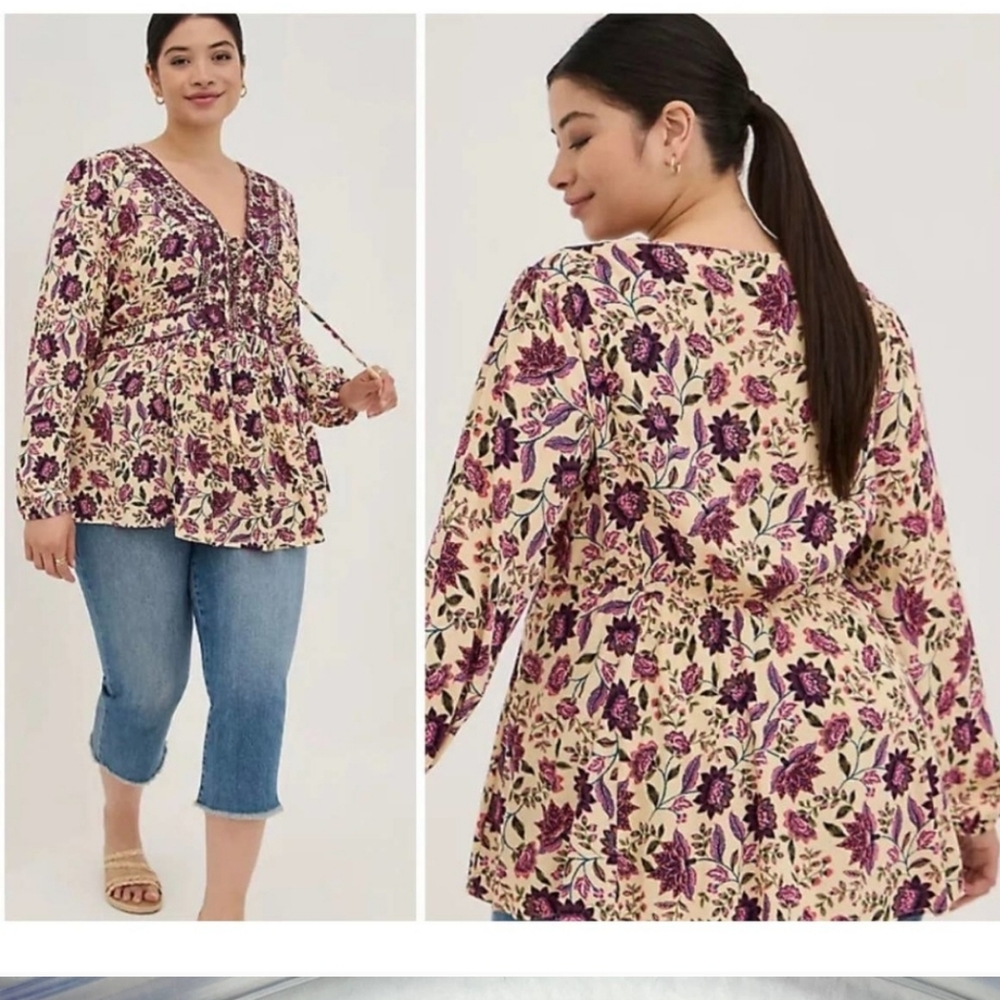 Torrid V Neck Babydoll Peplum Tassel Floral Tunic Size 1X - Picture 2 of 10